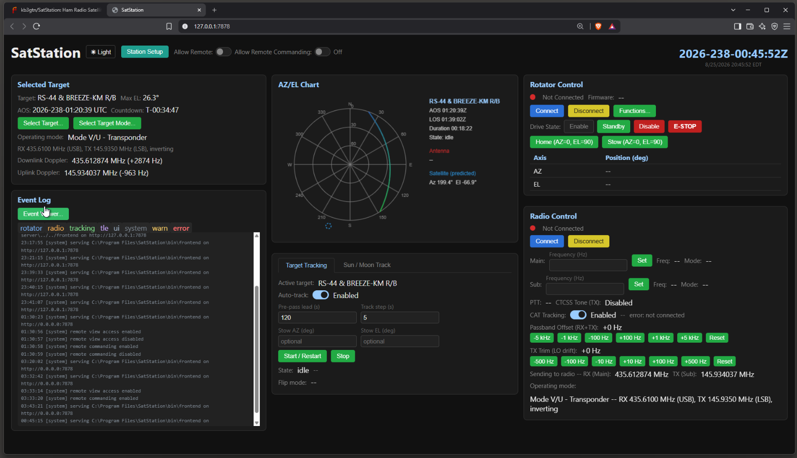 Orbita Operations window showing target tracking, AZ/EL chart, rotator and radio control